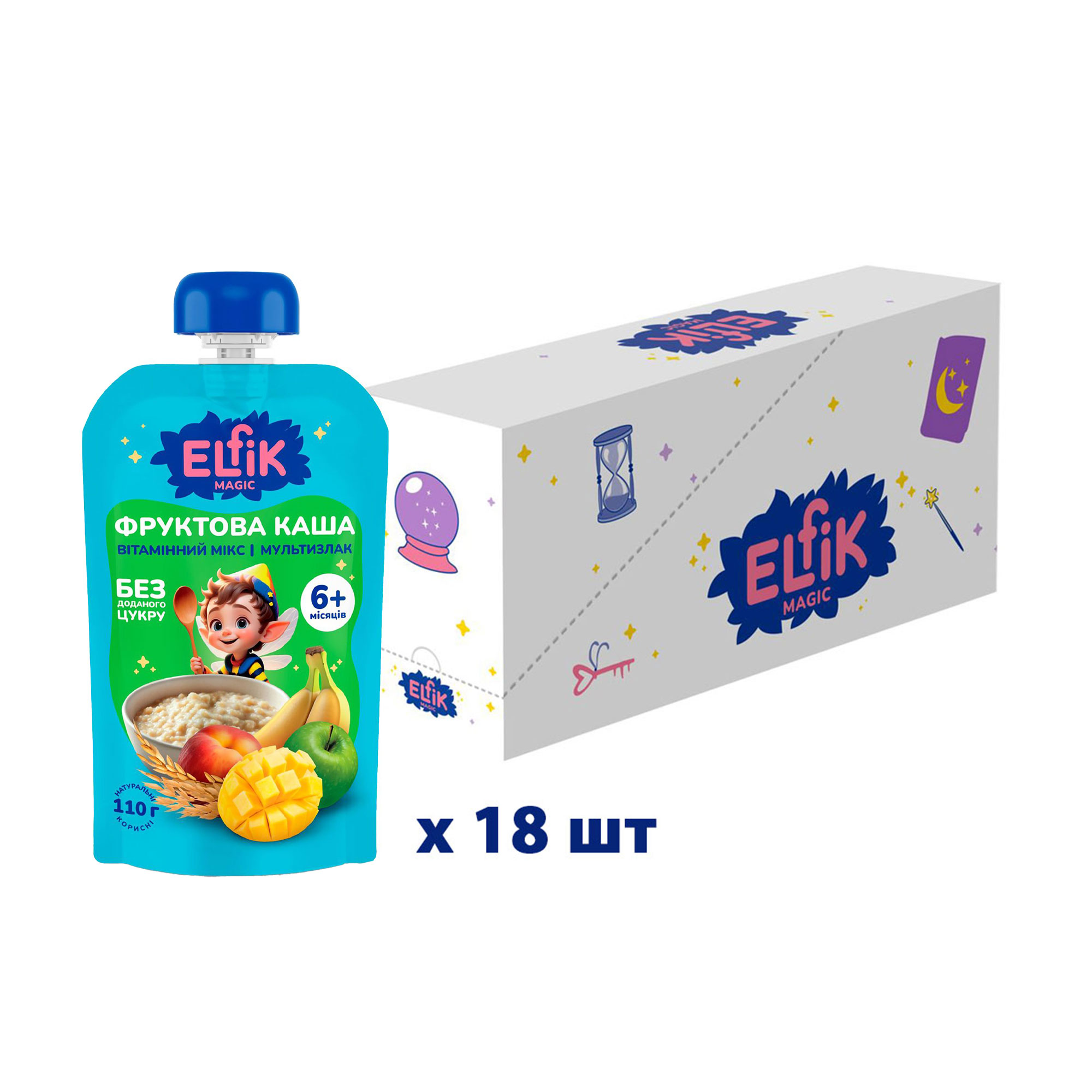Дитяча фруктова каша Elfik Magic Вітамінний мікс і мультизлак, без доданого цукру, від 6 місяців, 110 г (дой-пак)