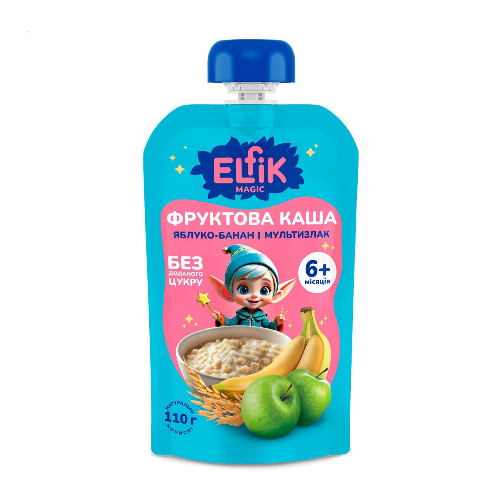 Дитяча фруктова каша Elfik Magic Яблуко-банан і мультизлак, без доданого цукру, від 6 місяців, 110 г (дой-пак)