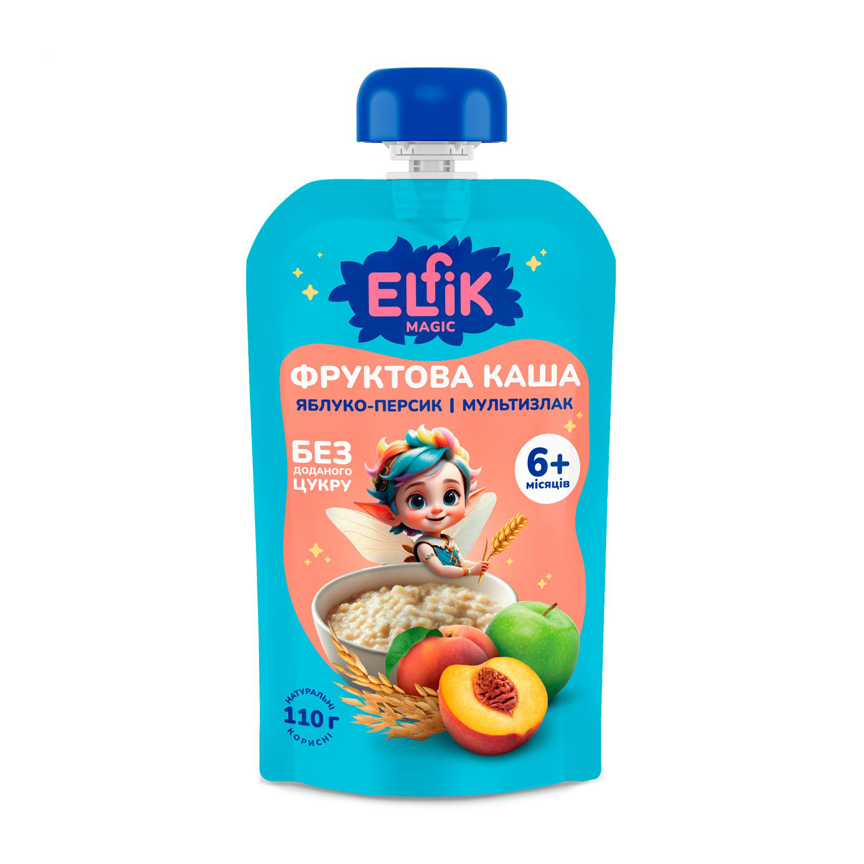 Дитяча фруктова каша Elfik Magic Яблуко-персик і мультизлак, без доданого цукру, від 6 місяців, 110 г