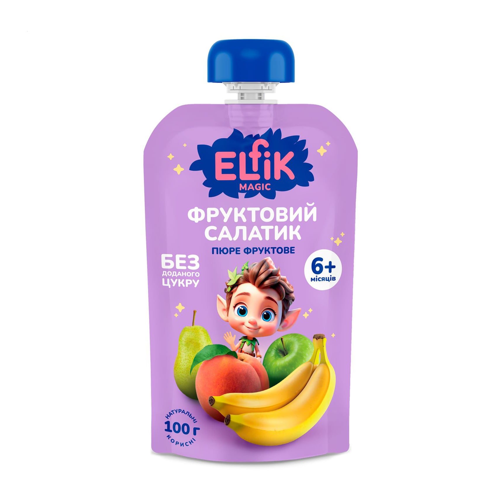 Дитяче фруктове пюре Elfik Magic Фруктовий салатик, без доданого цукру, від 6 місяців, 100 г (пауч)