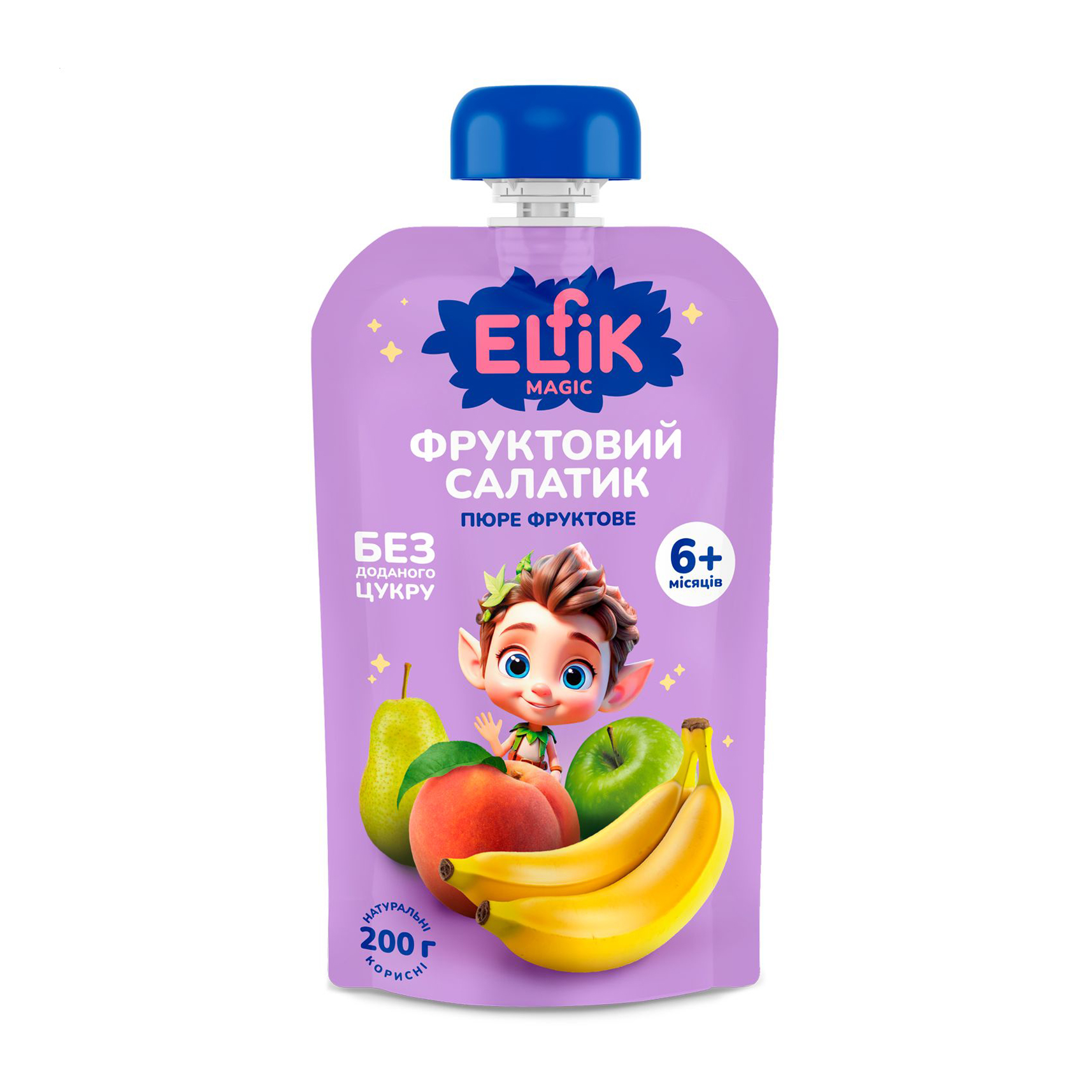 Дитяче фруктове пюре Elfik Magic Фруктовий салатик, без доданого цукру, від 6 місяців, 200 г (пауч)