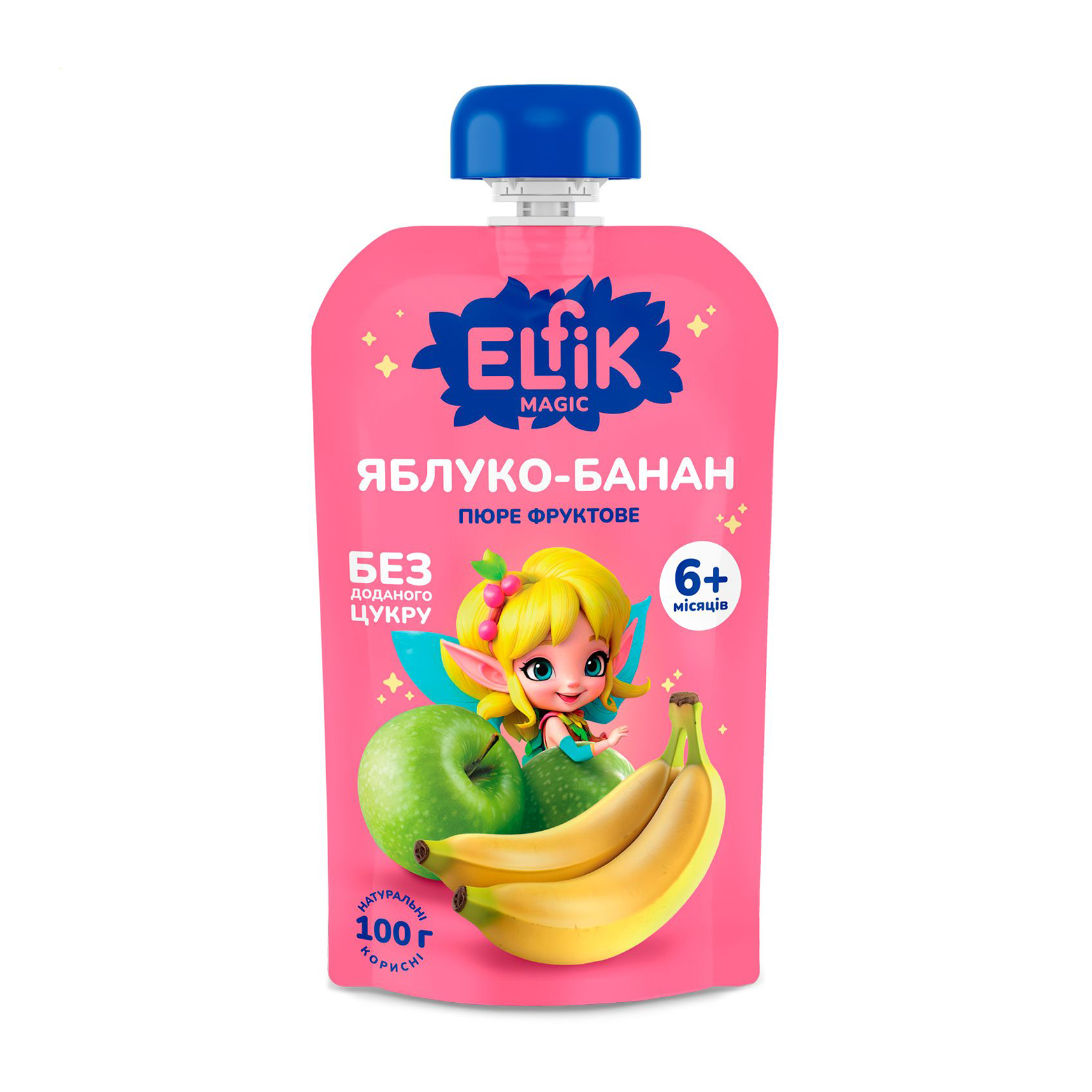Дитяче фруктове пюре Elfik Magic Яблуко-банан, без доданого цукру, від 6 місяців, 100 г (пауч)