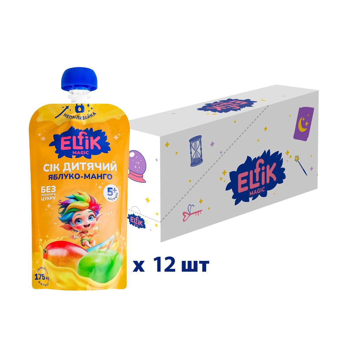Сік дитячий Elfik Magic Яблуко-манго, без доданого цукру, від 5 місяців, 12*175 мл