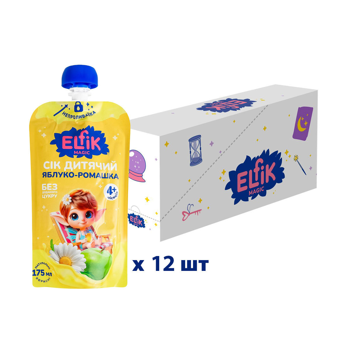 Сік дитячий Elfik Magic Яблуко-ромашка, без доданого цукру, від 4 місяців, 12*175 мл