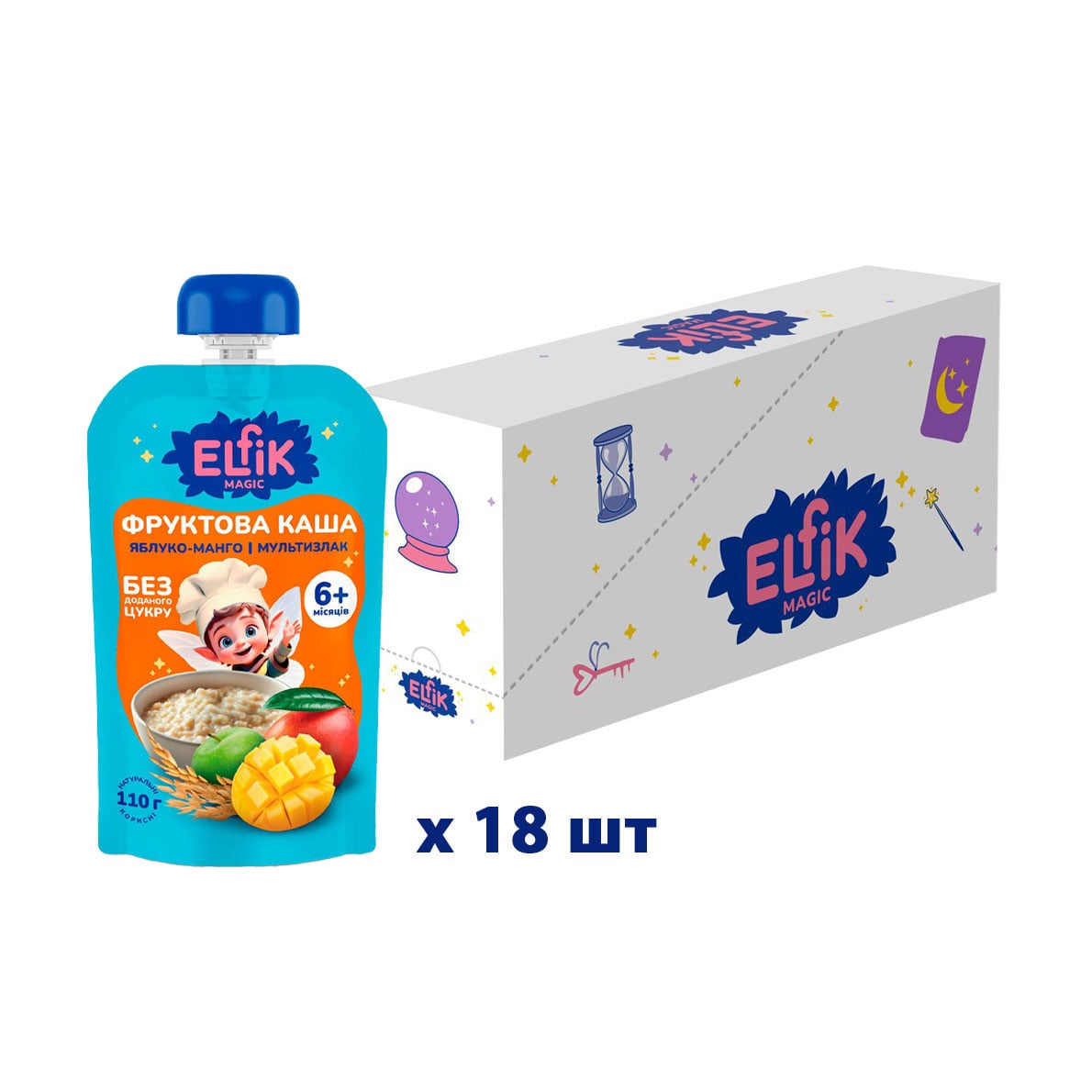 Уцінка! Дитяча фруктова каша Elfik Magic Яблуко-манго і мультизлак, без доданого цукру, від 6 місяців, 18*110 г